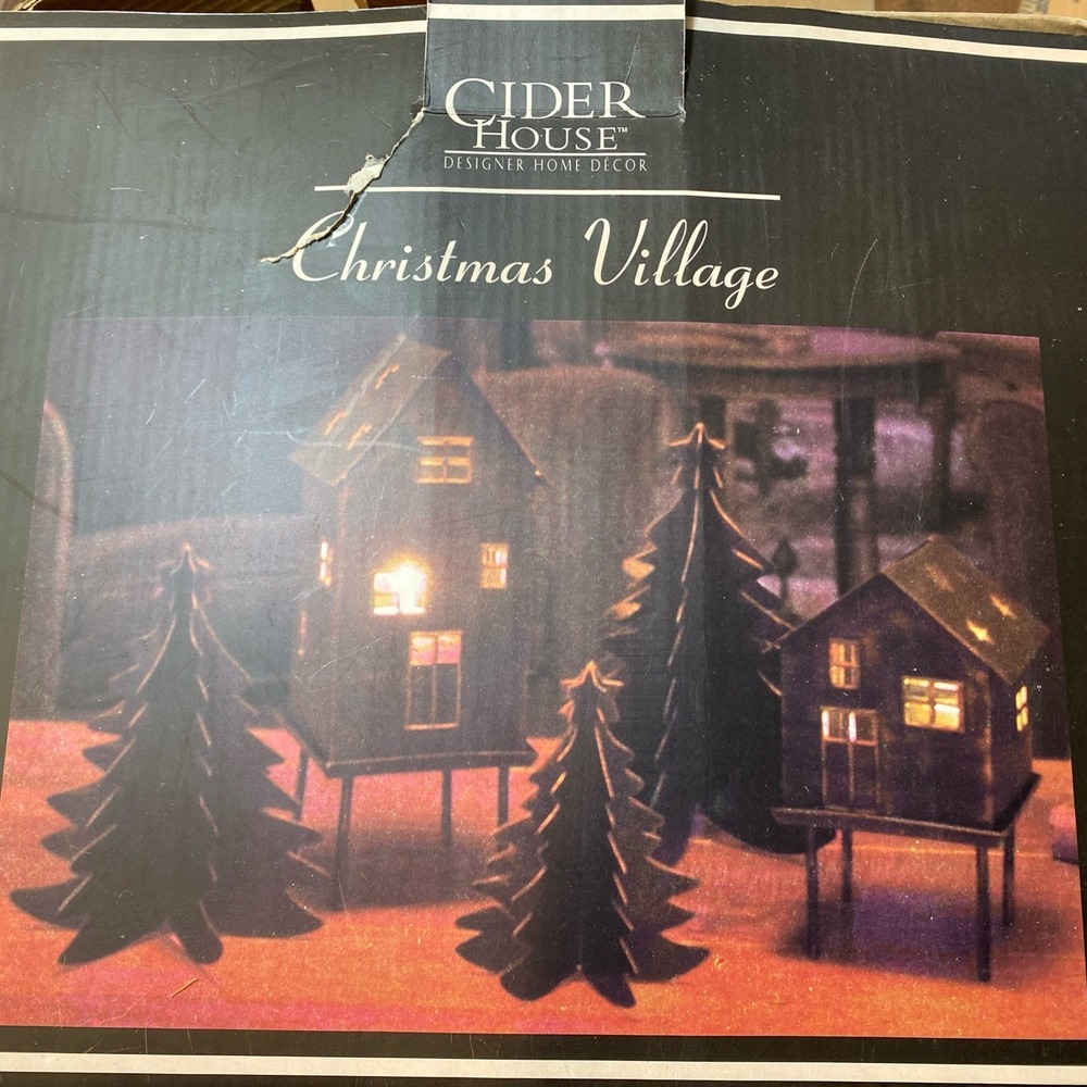 Christmas Village Black Cider House 2 Houses & 3 Trees Votive Tea‎ light Candles